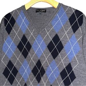 Mario Gilberti Men’s Size XL Gray Blue Argyle Merino Wool V-Neck Sweater